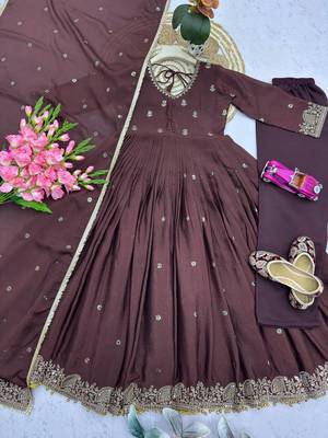 Deep brown pleated anarkali suit set with dupatta 4
