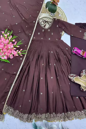 Deep brown pleated anarkali suit set with dupatta