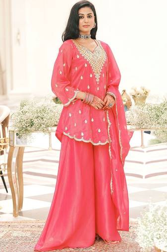 Women Ethnic Motifs Embroidered Regular Thread Work Kurta with Sharara & With Dupatta