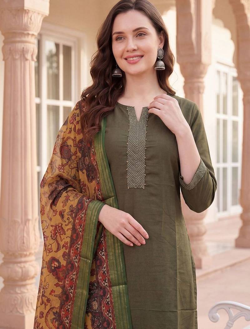 Women Ethnic Motifs Embroidered Regular Thread Work Kurta with Trousers & With Dupatta