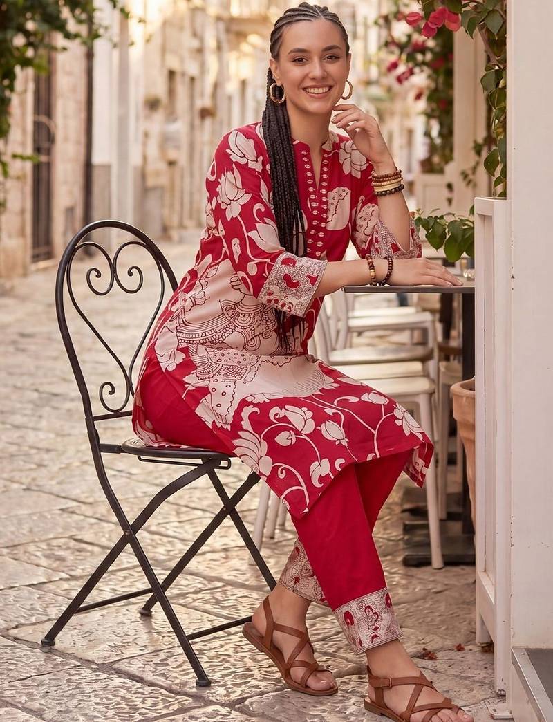 Women Ethnic Motifs Printed Regular Cotton Kurta with Trousers