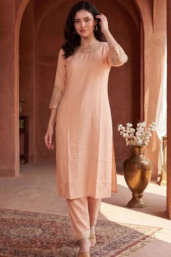 Women Ethnic Motifs Embroidered Regular Sequinned Kurta with Trousers