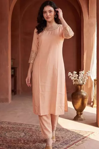 Women Ethnic Motifs Embroidered Regular Sequinned Kurta with Trousers