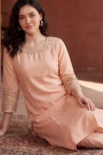 Women Ethnic Motifs Embroidered Regular Sequinned Kurta with Trousers