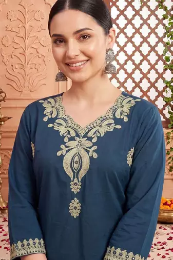 Women Ethnic Motifs Embroidered Regular Thread Work Pure Cotton Kurta with Trousers