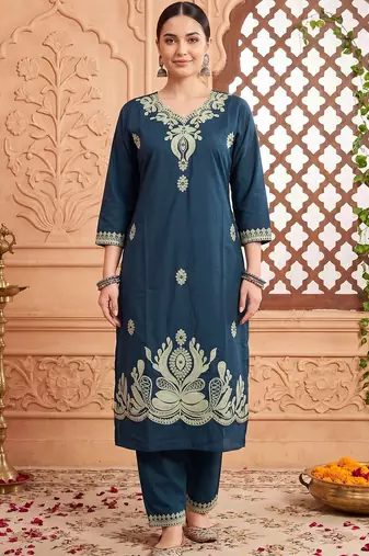 Women Ethnic Motifs Embroidered Regular Thread Work Pure Cotton Kurta with Trousers