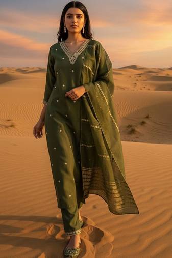 Women Ethnic Motifs Embroidered Regular Thread Work Kurta with Trousers & With Dupatta