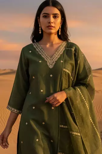 Women Ethnic Motifs Embroidered Regular Thread Work Kurta with Trousers & With Dupatta
