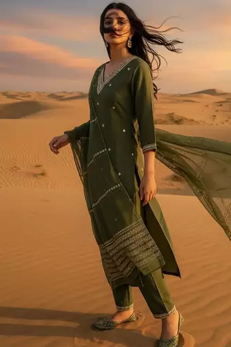 Women Ethnic Motifs Embroidered Regular Thread Work Kurta with Trousers & With Dupatta