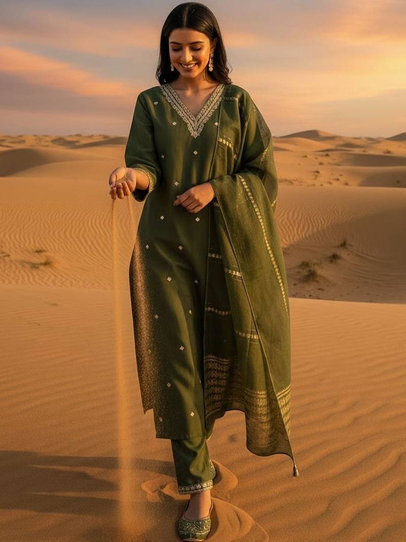 Women Ethnic Motifs Embroidered Regular Thread Work Kurta with Trousers & With Dupatta