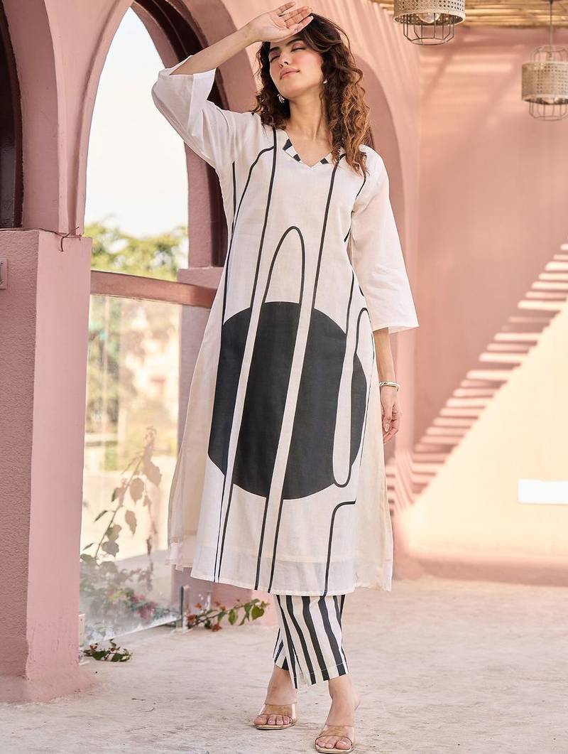 Off White Printed A-line Kurta Trousers Set
