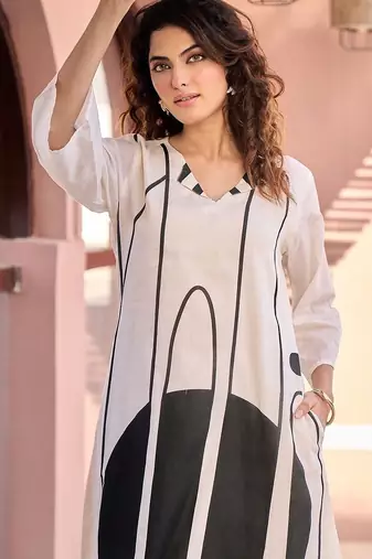 Off White Printed A-line Kurta Trousers Set