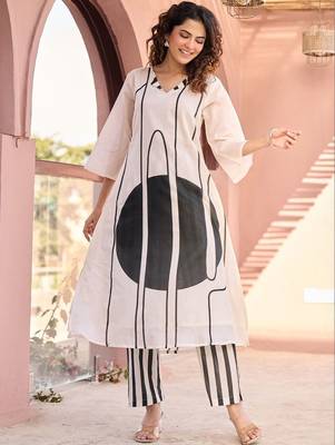 Off White Printed A-line Kurta Trousers Set 4