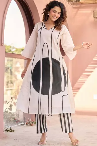 Off White Printed A-line Kurta Trousers Set