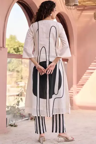 Off White Printed A-line Kurta Trousers Set