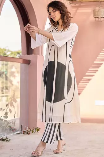 Off White Printed A-line Kurta Trousers Set