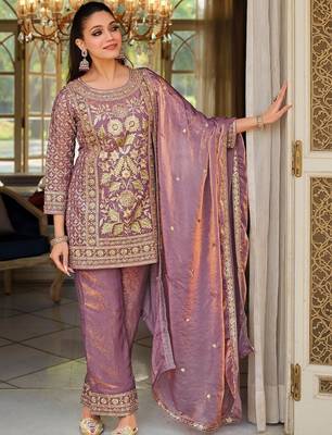 Lavender Embroidered Straight Kurta Trousers Dupatta Set 1