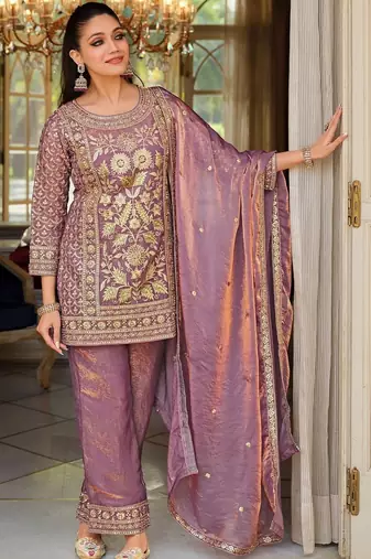 Lavender Embroidered Straight Kurta Trousers Dupatta Set