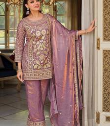 Lavender Embroidered Straight Kurta Trousers Dupatta Set