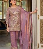 Lavender Embroidered Straight Kurta Trousers Dupatta Set