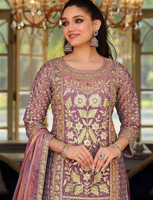 Lavender Embroidered Straight Kurta Trousers Dupatta Set 2