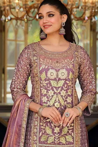 Lavender Embroidered Straight Kurta Trousers Dupatta Set