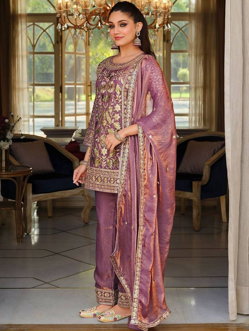 Lavender Embroidered Straight Kurta Trousers Dupatta Set