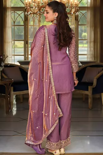 Lavender Embroidered Straight Kurta Trousers Dupatta Set