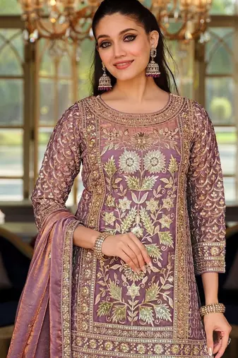 Lavender Embroidered Straight Kurta Trousers Dupatta Set
