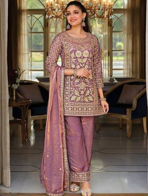 Lavender Embroidered Straight Kurta Trousers Dupatta Set 6