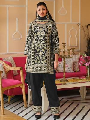 Black Embroidered Straight Kurta Trousers Dupatta Set 1