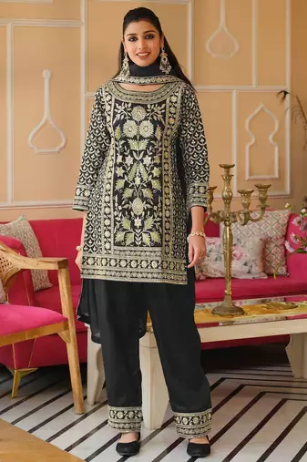 Black Embroidered Straight Kurta Trousers Dupatta Set