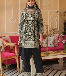 Black Embroidered Straight Kurta Trousers Dupatta Set