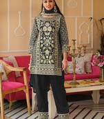 Black Embroidered Straight Kurta Trousers Dupatta Set