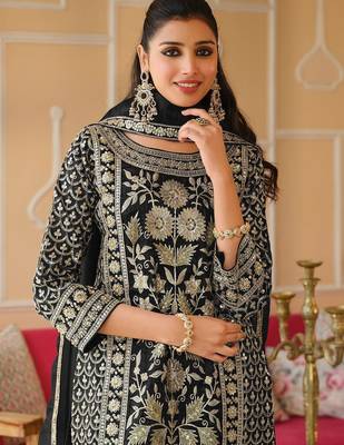 Black Embroidered Straight Kurta Trousers Dupatta Set 2