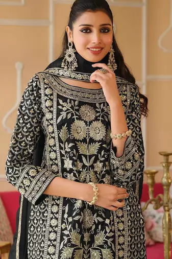 Black Embroidered Straight Kurta Trousers Dupatta Set
