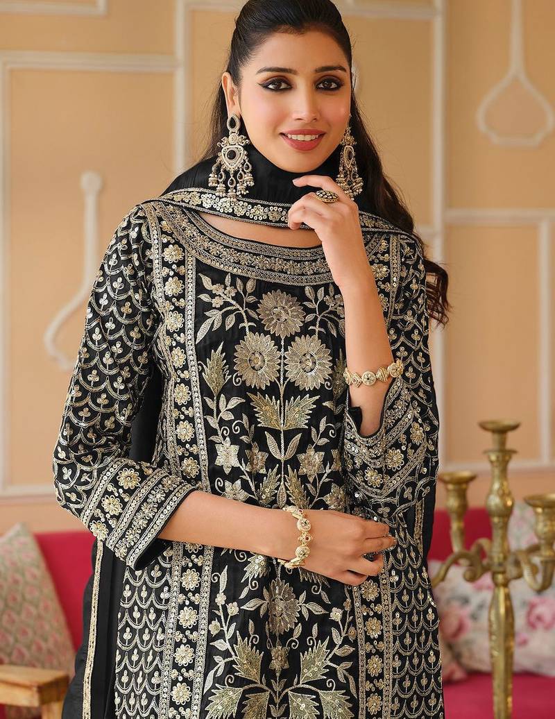 Black Embroidered Straight Kurta Trousers Dupatta Set