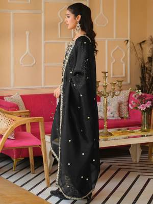 Black Embroidered Straight Kurta Trousers Dupatta Set 3