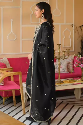 Black Embroidered Straight Kurta Trousers Dupatta Set