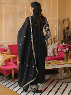 Black Embroidered Straight Kurta Trousers Dupatta Set 4
