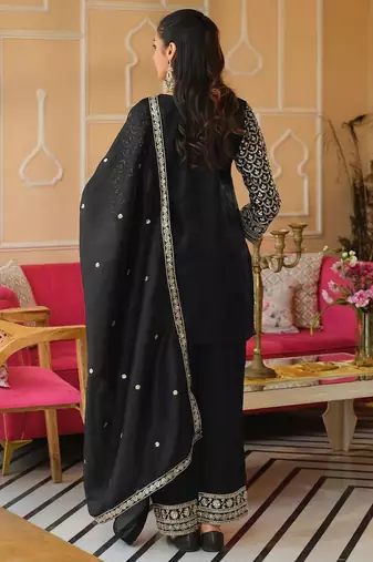 Black Embroidered Straight Kurta Trousers Dupatta Set
