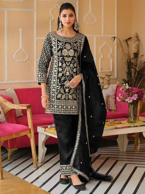 Black Embroidered Straight Kurta Trousers Dupatta Set 5