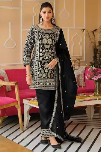 Black Embroidered Straight Kurta Trousers Dupatta Set