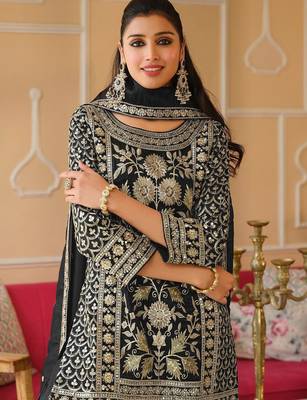 Black Embroidered Straight Kurta Trousers Dupatta Set 6