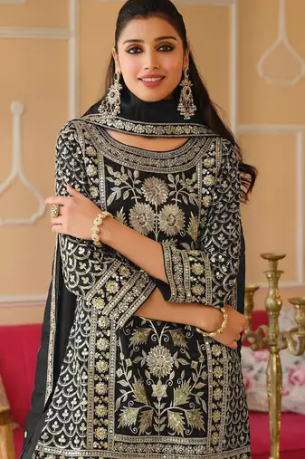 Black Embroidered Straight Kurta Trousers Dupatta Set