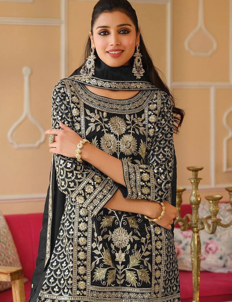 Black Embroidered Straight Kurta Trousers Dupatta Set