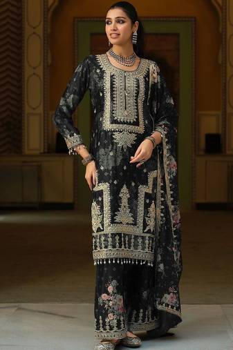 Women Floral Printed Regular Thread Work Kurta with Palazzos & With Dupatta