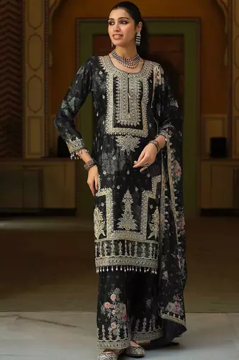 Women Floral Printed Regular Thread Work Kurta with Palazzos & With Dupatta