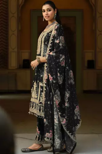 Women Floral Printed Regular Thread Work Kurta with Palazzos & With Dupatta