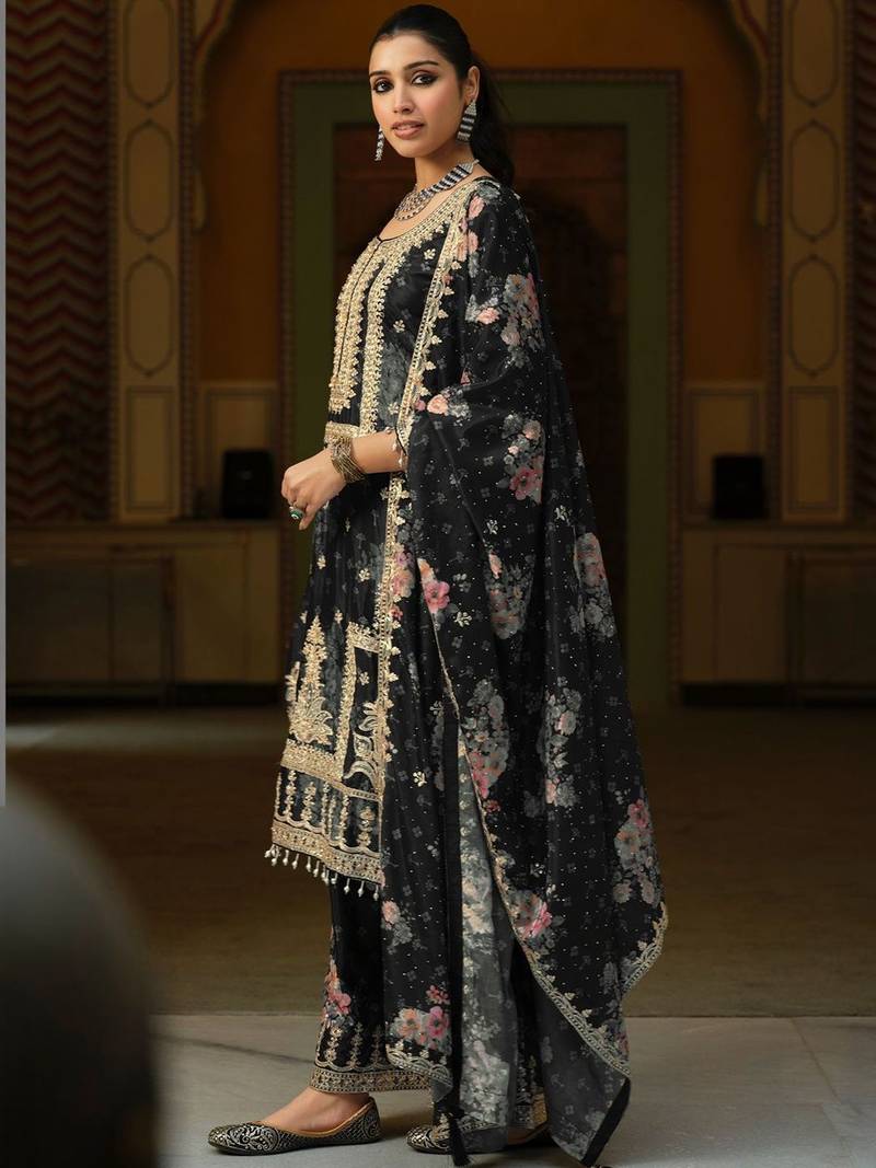 Women Floral Printed Regular Thread Work Kurta with Palazzos & With Dupatta
